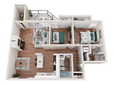 Floor plan for 2 beds, 2 baths, 1050 sqft